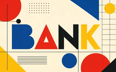 Bauhaus-Poster mit geometrischen Formen und Wort BANK symbolisiert die Branche von Bankinter S.A. (ISIN ES0113679137) - Foto: THN