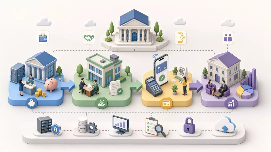 Isometrische 3D-Illustration einer Bank-Wertschöpfungskette mit Einlagen, Krediten und Zahlungen, sinnbildlich für Bankinter S.A