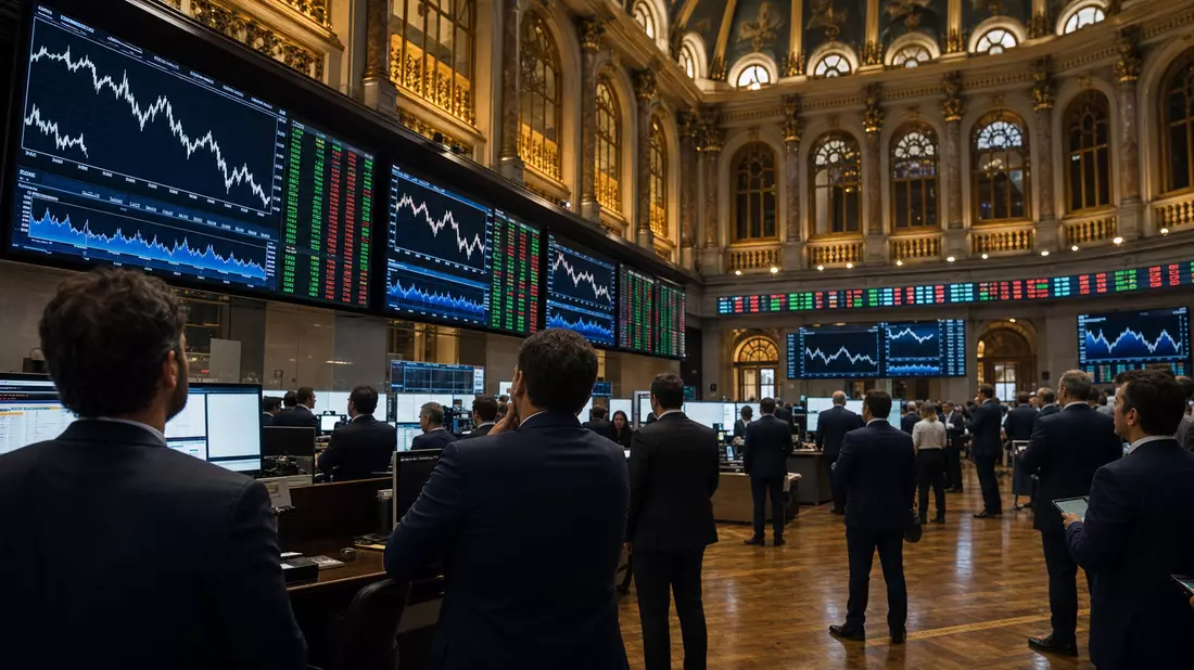 Editorial-Aufnahme eines Trading-Floors in Madrid mit Finanzcharts, sinnbildlich für die Notierung von Bankinter S.A