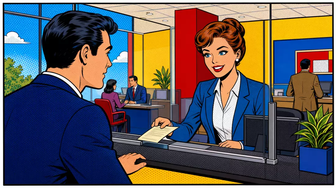 Bunte Pop-Art-Comicillustration einer Bankschalterszene mit Kundin und Kunde, sinnbildlich für Bankinter S.A