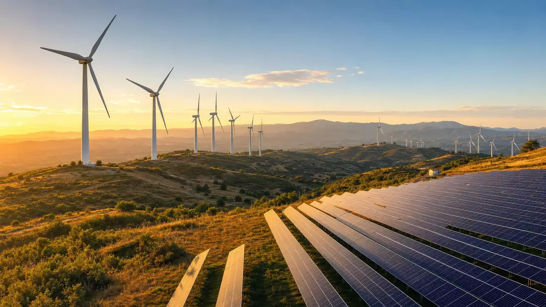 Windpark und Solarpanels bei Sonnenuntergang, Symbolbild für Acciona S.A. Erneuerbare-Energien-Anlagen