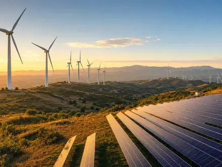 Fotorealistisches Bild zeigt Windpark und Solaranlage von Acciona S.A., Aktie mit ISIN ES0125220311 gelistet - Foto: THN