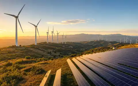 Fotorealistisches Bild zeigt Windpark und Solaranlage von Acciona S.A., Aktie mit ISIN ES0125220311 gelistet - Foto: THN