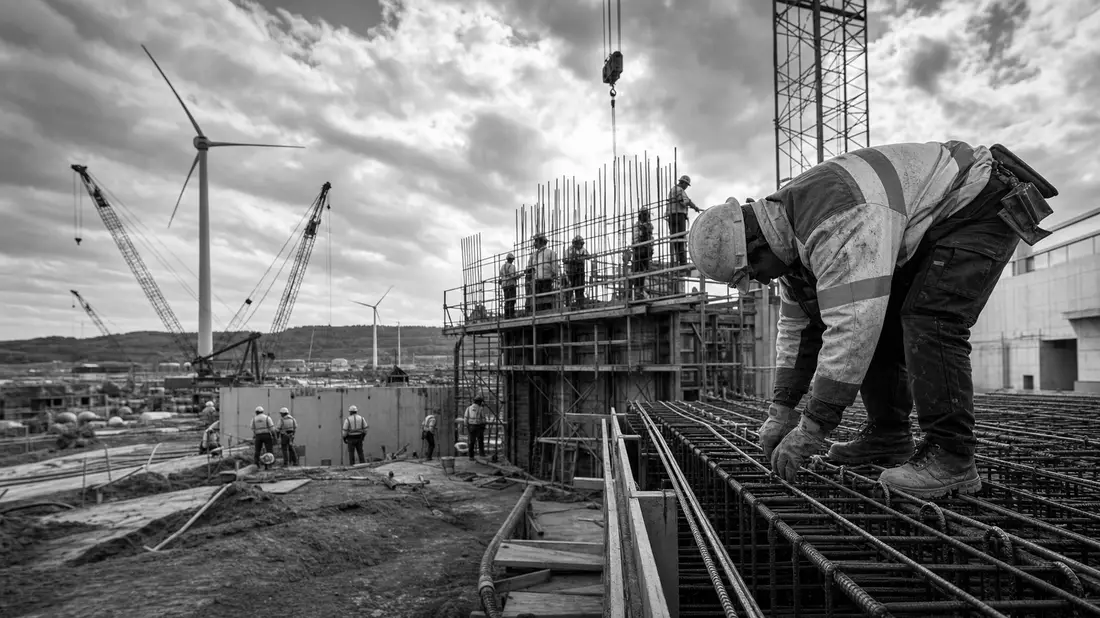 Dokumentarische Schwarzweiß-Aufnahme einer Baustelle mit Windturbinen im Hintergrund