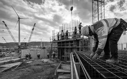 Dokumentarisches Schwarzweiß-Reportagefoto zeigt Baustelle und Windkraftanlagen, verbunden mit Acciona S.A., ISIN ES0125220311, weltweitem Infrastrukturprojekt - Foto: THN