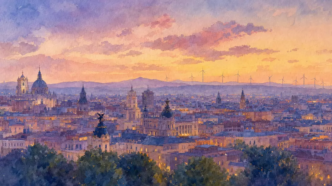 Aquarellbild der Madrider Skyline mit Windrädern und weichen Pastellfarben
