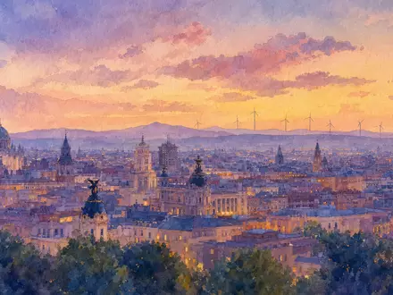Aquarellmalerei zeigt Madrid Skyline und Windräder, künstlerische Interpretation von Acciona S.A., ISIN ES0125220311 - Foto: THN