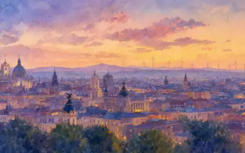 Aquarellmalerei zeigt Madrid Skyline und Windräder, künstlerische Interpretation von Acciona S.A., ISIN ES0125220311 - Foto: THN