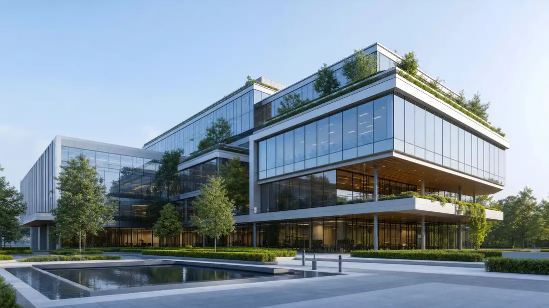 Architektonisches 3D-Render eines modernen grünen Bürogebäudes mit Glasfassade