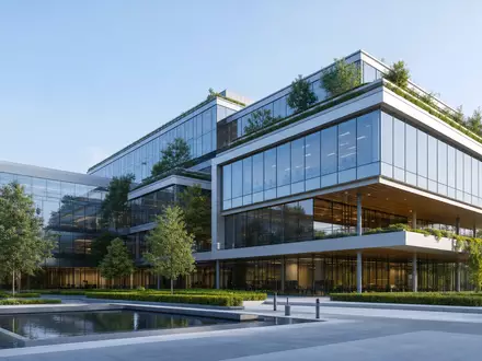 Modernes Architektur-Render eines nachhaltigen Firmensitzes, inspiriert von Acciona S.A., ISIN ES0125220311, Infrastrukturkonzern - Foto: THN