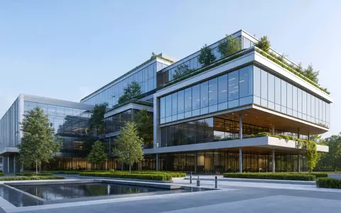 Modernes Architektur-Render eines nachhaltigen Firmensitzes, inspiriert von Acciona S.A., ISIN ES0125220311, Infrastrukturkonzern - Foto: THN