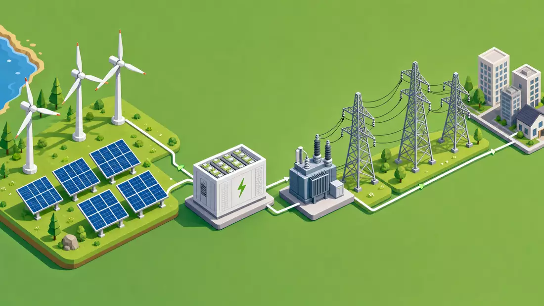 Isometrische 3D-Grafik zeigt Wertschöpfungskette von Windpark bis Stromnetz