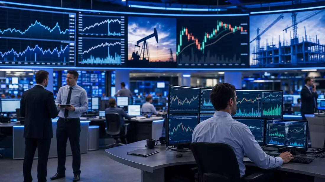 Trading-Floor mit Kursbildschirmen und Charts zu Energie- und Baubranche