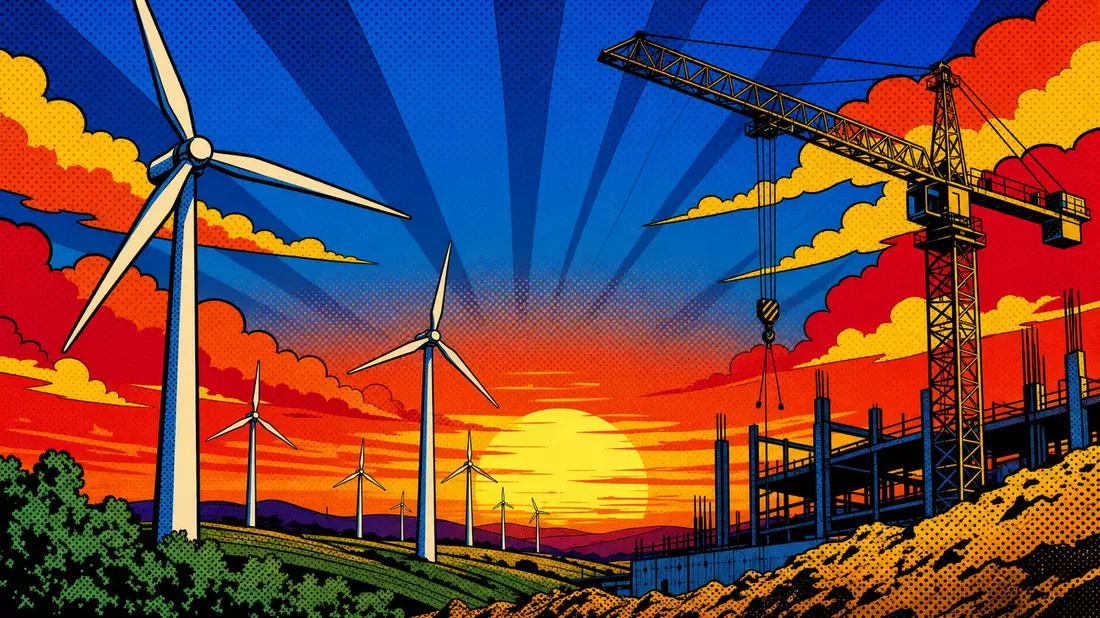 Bunte Pop-Art-Comic-Illustration mit Windrädern, Baukran und Halftone-Punkten