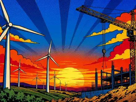 Pop-Art-Comic-Szene mit Windrädern und Baukran, farbenfrohe Interpretation der Branche von Acciona S.A., ISIN ES0125220311 - Foto: THN