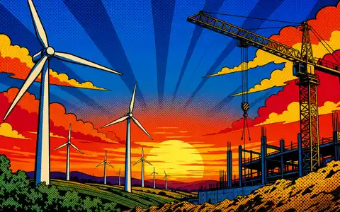 Pop-Art-Comic-Szene mit Windrädern und Baukran, farbenfrohe Interpretation der Branche von Acciona S.A., ISIN ES0125220311 - Foto: THN