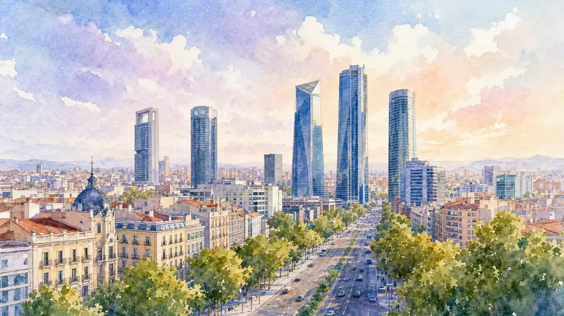 Aquarellillustration der Madrider Skyline mit Bezug zu Mapfre S.A. (ES0124244E34)