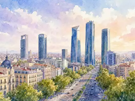 Aquarellmalerei der Madrider Skyline steht sinnbildlich für Mapfre S.A., ISIN ES0124244E34, im Versicherungsmarkt - Foto: THN