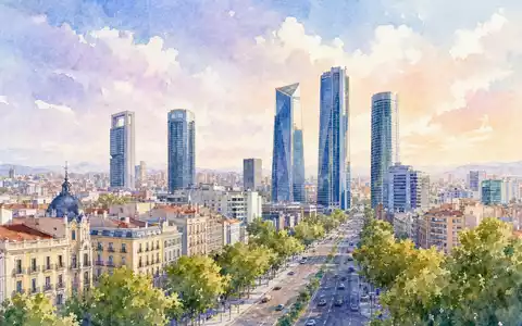Aquarellmalerei der Madrider Skyline steht sinnbildlich für Mapfre S.A., ISIN ES0124244E34, im Versicherungsmarkt - Foto: THN