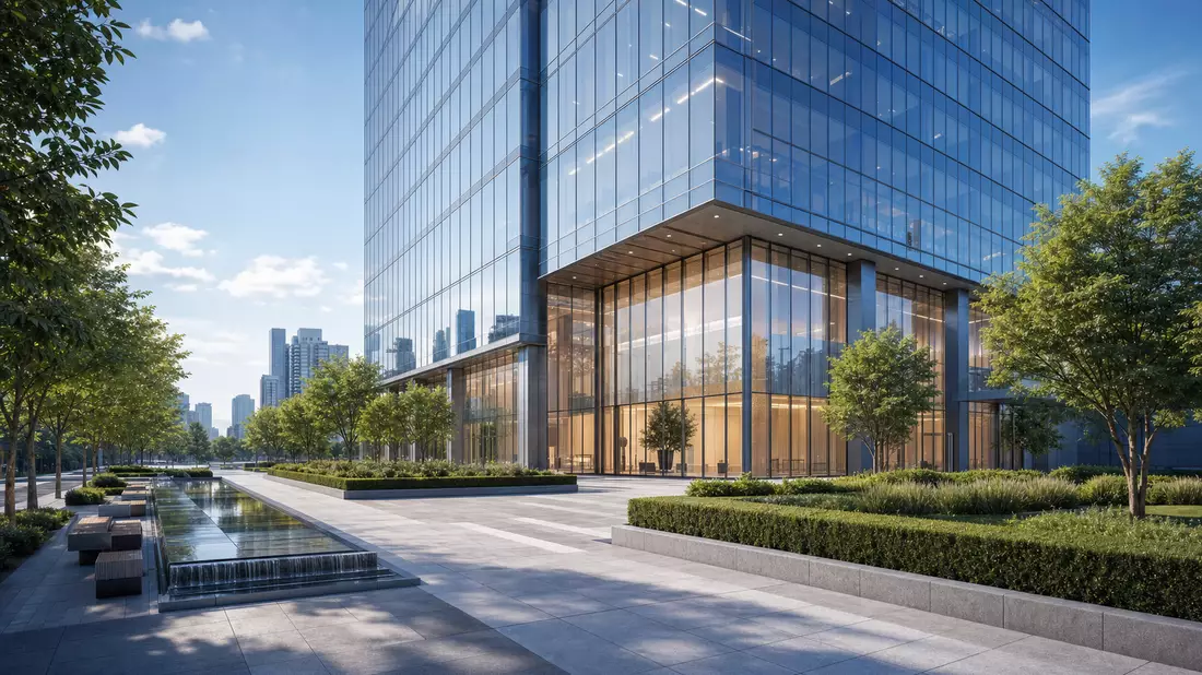 3D-Architekturvisualisierung eines Glashochhauses, assoziiert mit Mapfre S.A. (ES0124244E34)