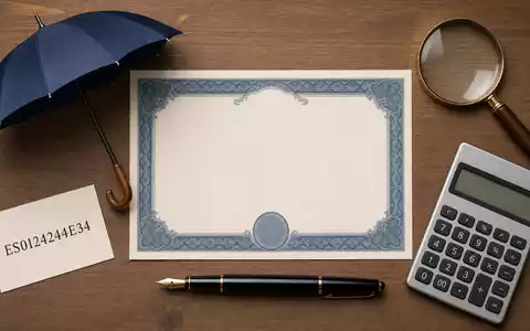 Flatlay mit Aktienzertifikat und Karte ES0124244E34 illustriert die Investmentkennung von Mapfre S.A. symbolisch - Foto: THN