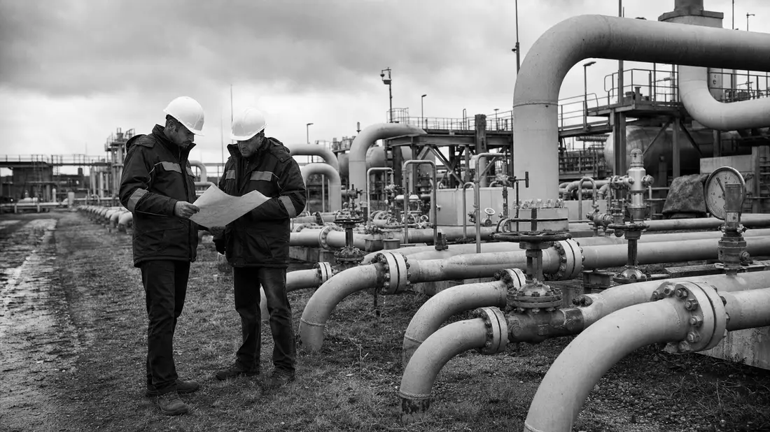 Schwarzweiß-Reportagefoto von Technikern bei der Inspektion einer Gaspipeline