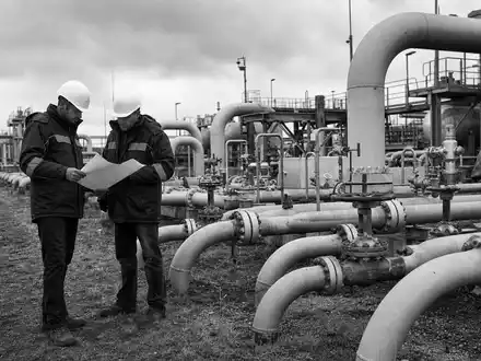Enagás S.A. (ISIN ES0130960018) überwacht Gasnetze, gezeigt in dieser dokumentarischen Schwarzweiß-Aufnahme von Technikern - Foto: THN