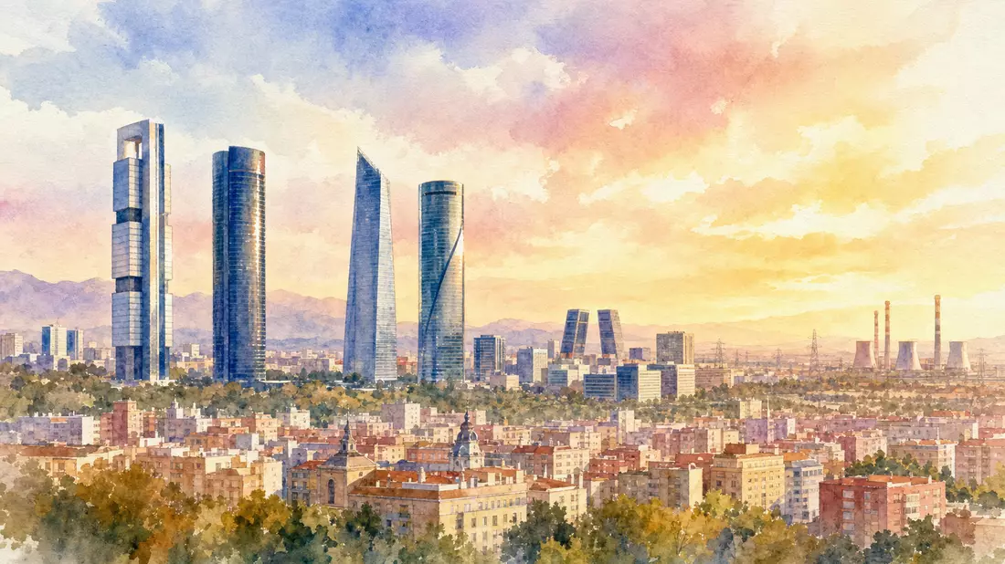 Aquarellmalerei der Madrider Skyline mit modernen Türmen bei Sonnenuntergang