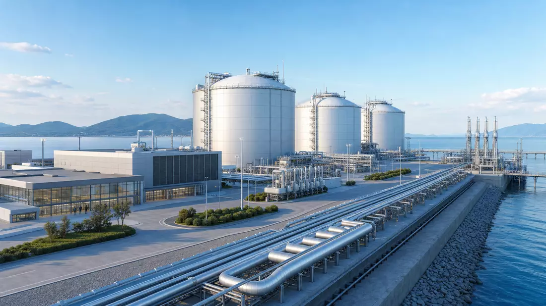 Architektur-Render eines modernen LNG-Terminals mit Tanks und Pipelines am Meer