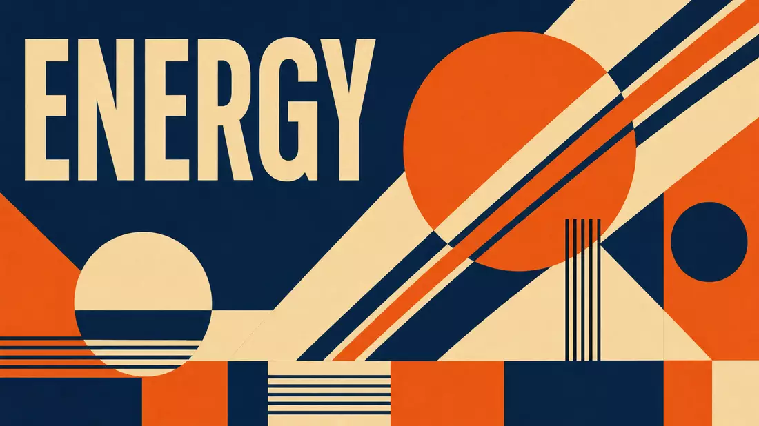 Bauhaus-Poster mit geometrischen Formen und dem Wort ENERGY in Orange und Blau