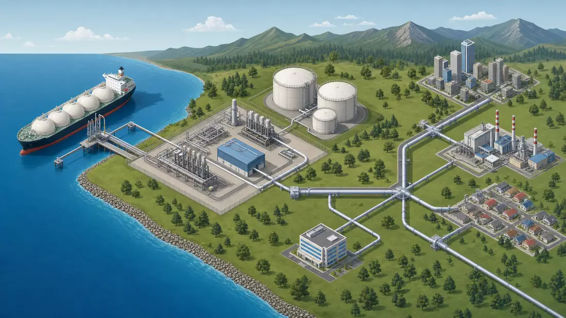 Isometrische 3D-Illustration der Gas-Wertschöpfungskette von Tanker bis Pipeline-Netz