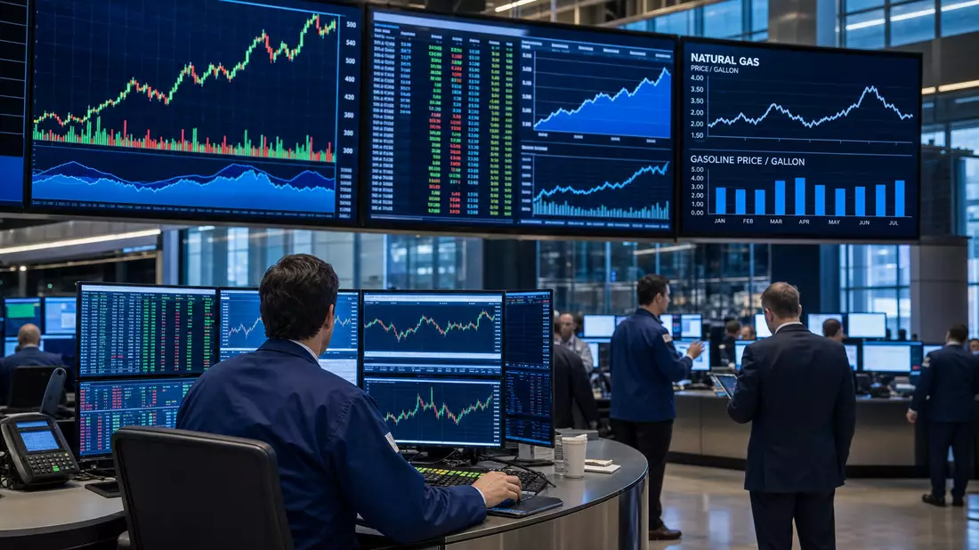 Börsenhändler vor Bildschirmen mit Energie- und Gaspreis-Charts im Handelsraum