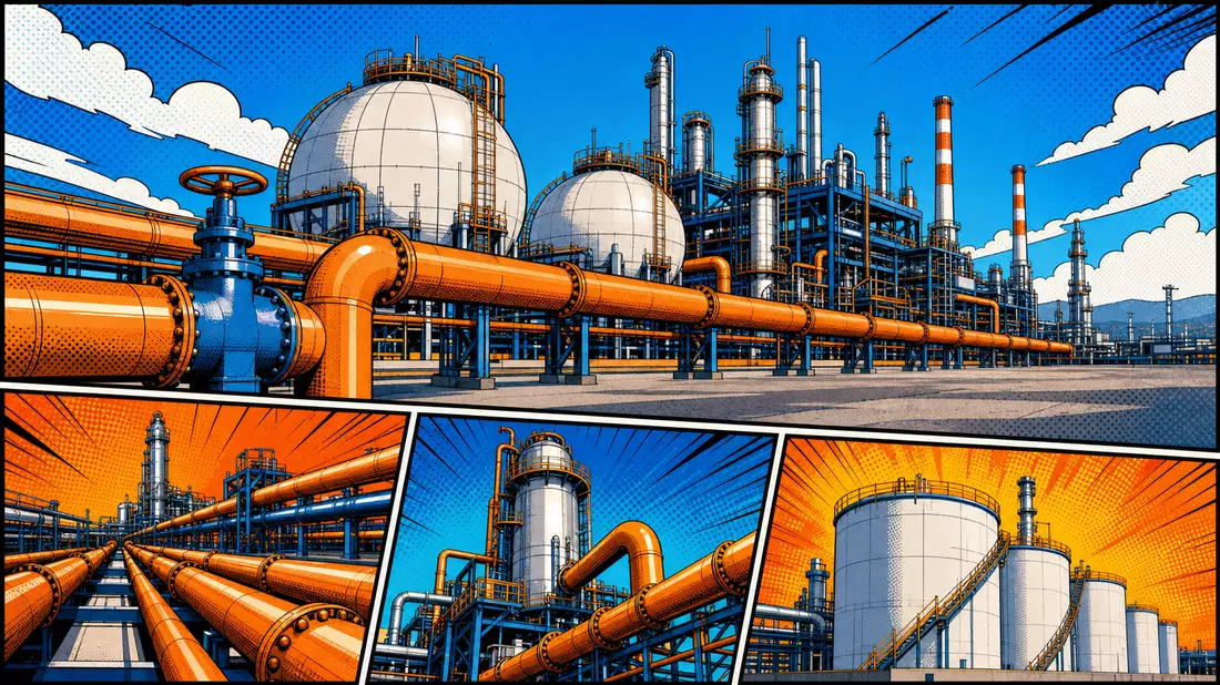 Pop-Art-Comic einer Gasanlage mit kräftigen Farben und Halbtonpunkten