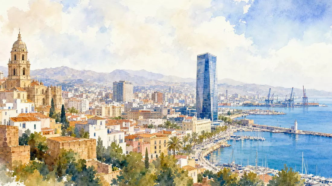 Aquarellmalerei einer mediterranen Stadt mit Hafen und modernem Bürogebäude