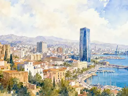 Aquarellansicht einer spanischen Küstenstadt illustriert das Umfeld der Banco Sabadell S.A., ISIN ES0113860A34, Finanzzentrum - Foto: THN