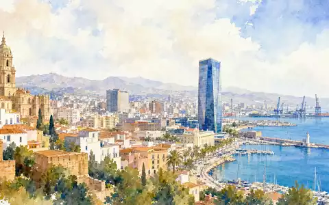 Aquarellansicht einer spanischen Küstenstadt illustriert das Umfeld der Banco Sabadell S.A., ISIN ES0113860A34, Finanzzentrum - Foto: THN