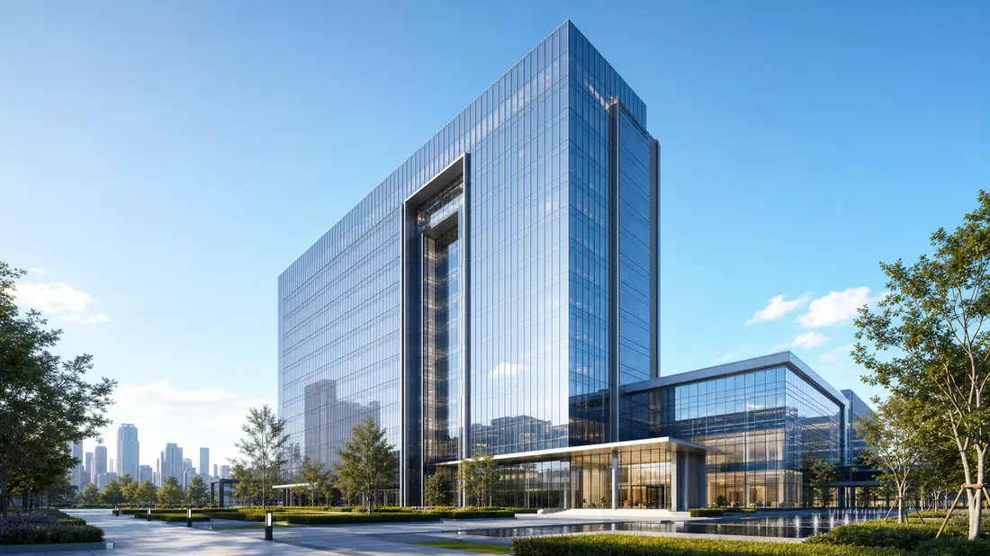 3D-Render eines modernen Glas-Hochhauses als Firmensitz vor blauem Himmel