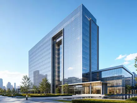 Architektur-Render eines gläsernen Hochhauses repräsentiert den Firmensitz der Banco Sabadell S.A., ISIN ES0113860A34, Bankkonzern - Foto: THN