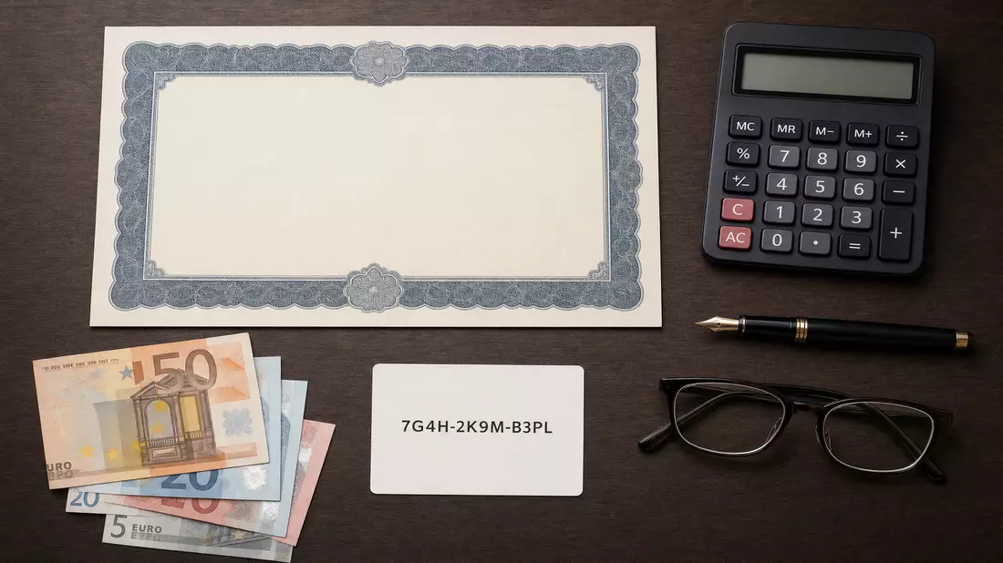 Flatlay mit Zertifikat, Karte, Taschenrechner, Füllfederhalter und Geldscheinen auf Holztisch