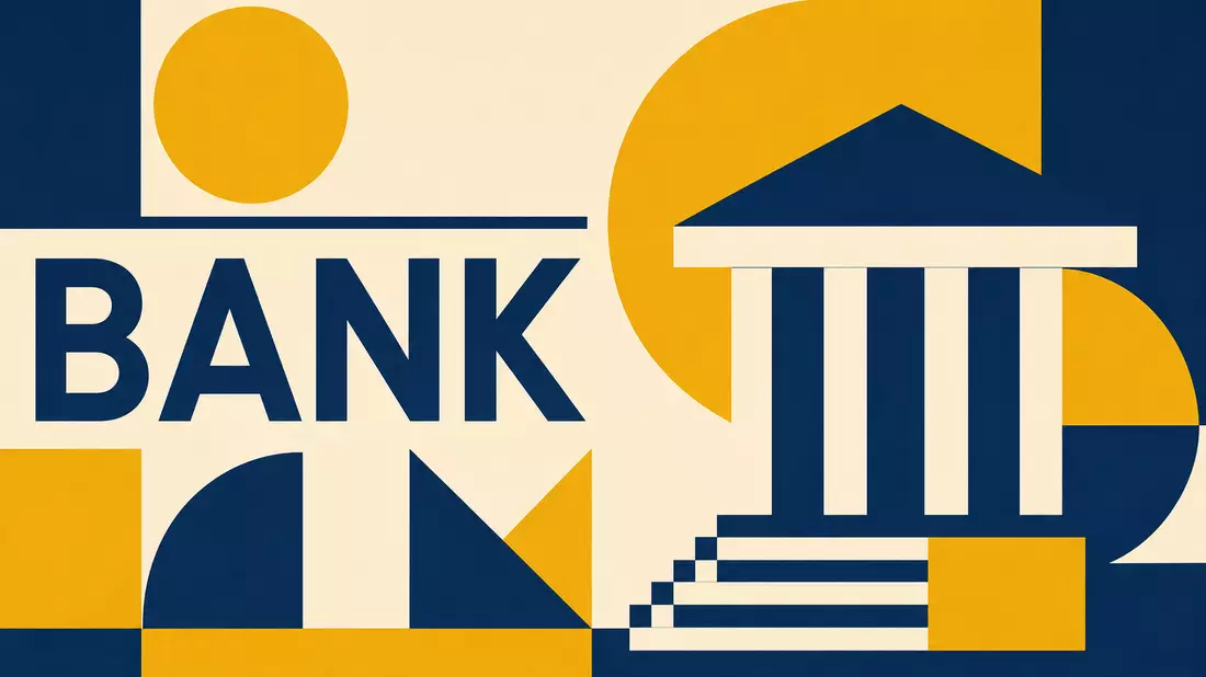 Geometrisches Bauhaus-Poster mit Formen und Schriftzug BANK in Blau und Gelb