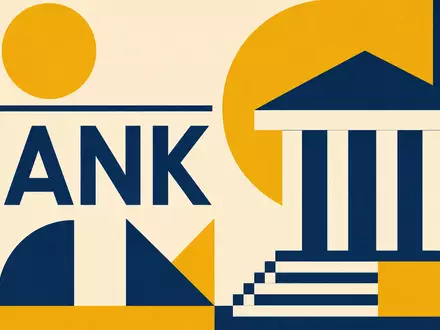 Bauhaus-Poster mit geometrischen Formen und Text BANK symbolisiert Branchenzugehörigkeit der Banco Sabadell S.A., ISIN ES0113860A34 - Foto: THN