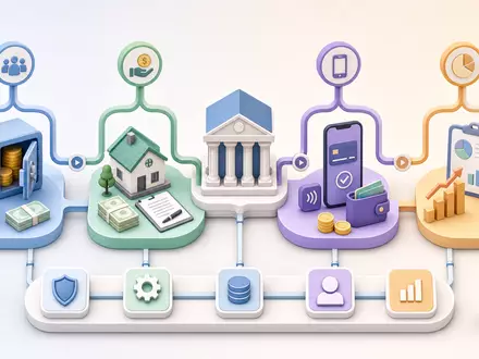 Isometrische 3D-Grafik zeigt Bankprozesse und veranschaulicht Wertschöpfungskette der Banco Sabadell S.A., ISIN ES0113860A34, Finanzinstitut - Foto: THN