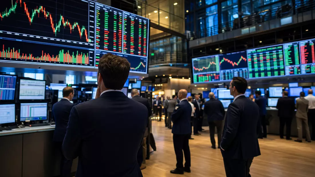 Trading-Floor mit großen Bildschirmen und Finanzcharts, Analysten im Hintergrund
