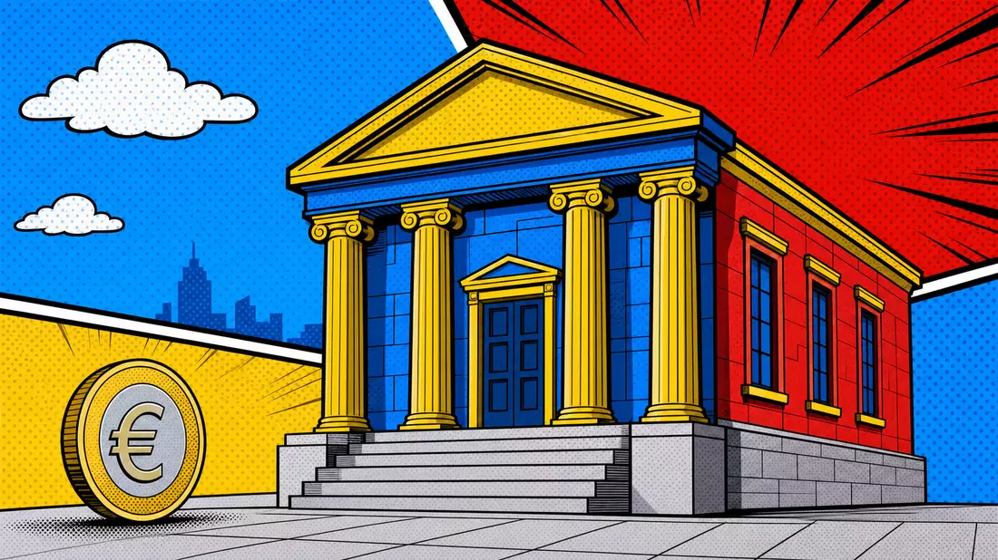 Bunte Comic-Illustration eines Bankgebäudes mit Säulen und großer Euro-Münze