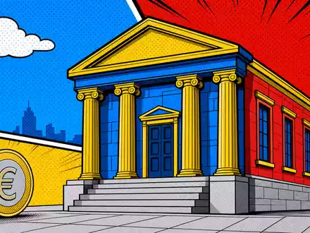 Pop-Art-Comic mit stilisiertem Bankgebäude und Euro-Münze repräsentiert humorvoll die Banco Sabadell S.A., ISIN ES0113860A34, Bankbranche - Foto: THN