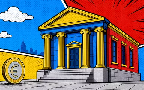 Pop-Art-Comic mit stilisiertem Bankgebäude und Euro-Münze repräsentiert humorvoll die Banco Sabadell S.A., ISIN ES0113860A34, Bankbranche - Foto: THN