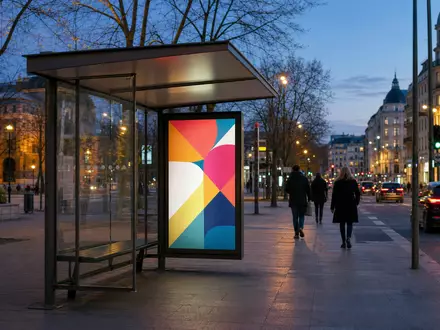 JCDecaux SE (ISIN FR0000077919) betreibt beleuchtete Bushaltestellen mit digitalen Werbeflächen in europäischen Großstädten am Abend - Foto: THN