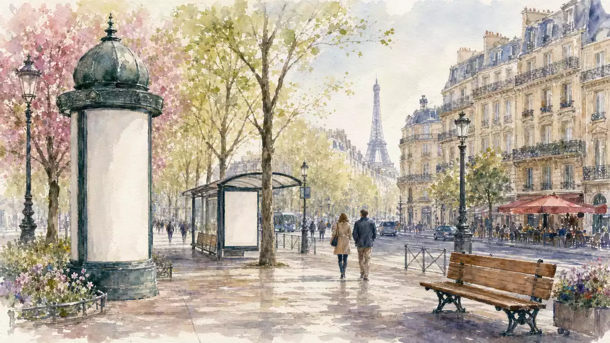 Aquarellmalerei eines Pariser Boulevards mit Werbesäulen und Bushaltestellen