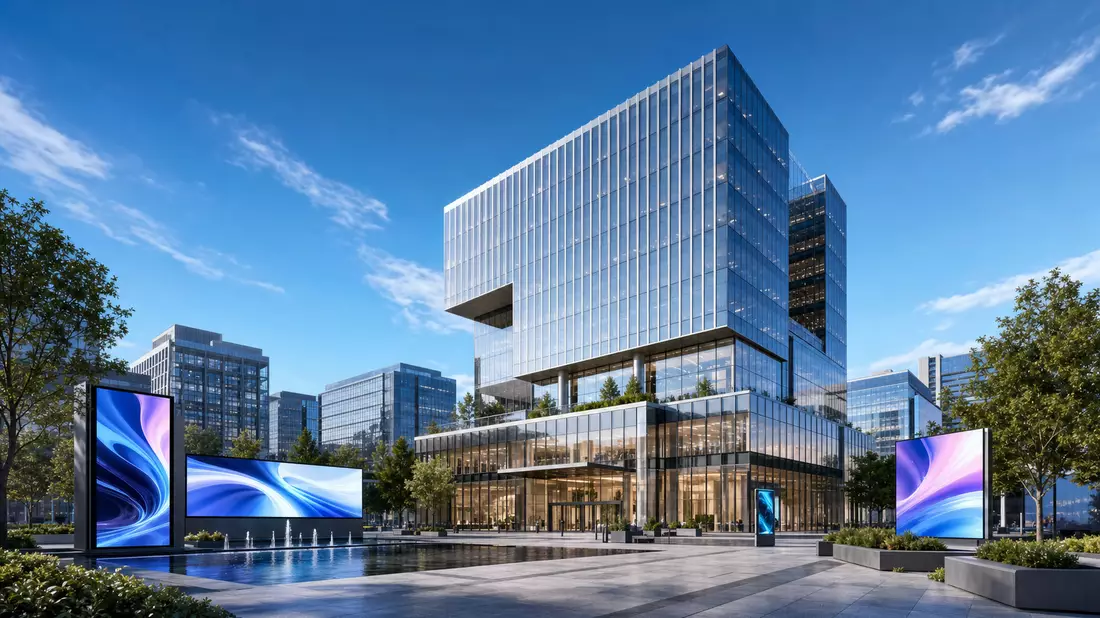 Architektur-Render eines modernen Bürogebäudes mit digitalen Werbeflächen