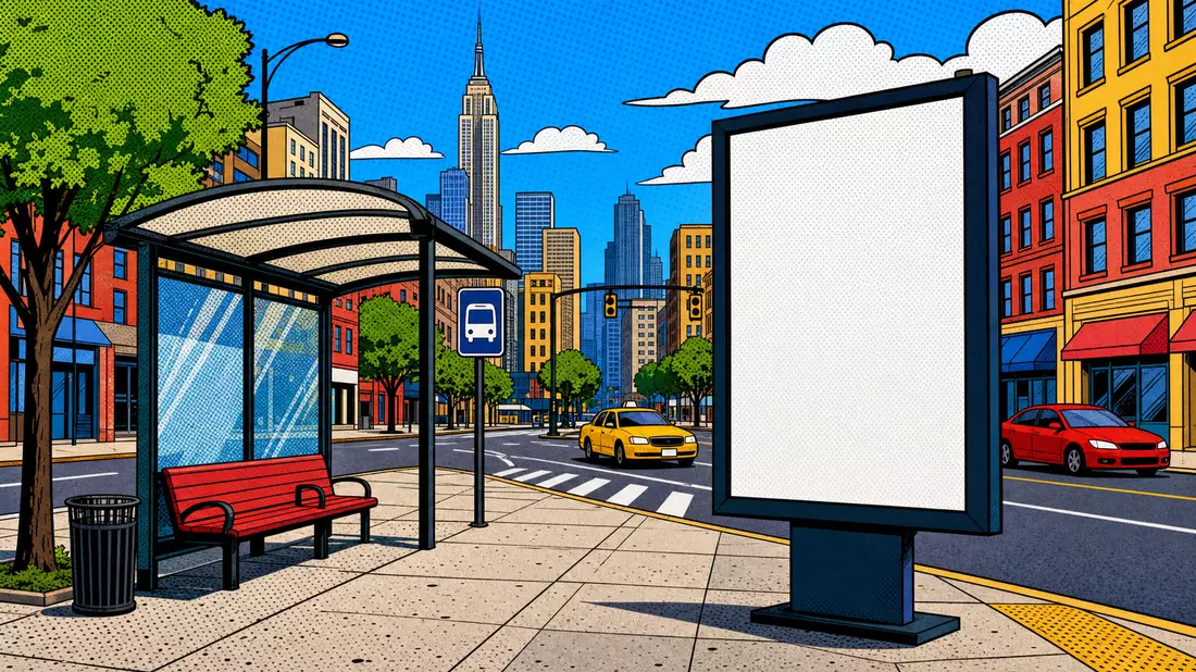 Pop-Art-Comic-Szene einer Straße mit Bushaltestelle und leerer Werbetafel